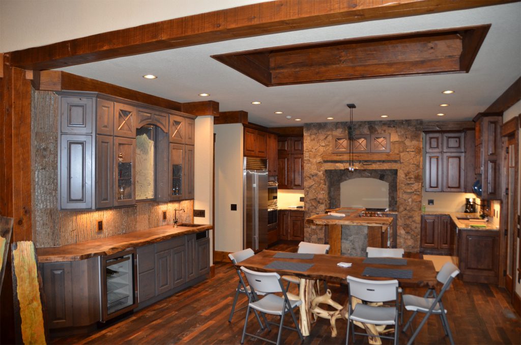 Bark Back Splash Walnut Counter Top Unique Cabin Kitchen Reclaimed Floor